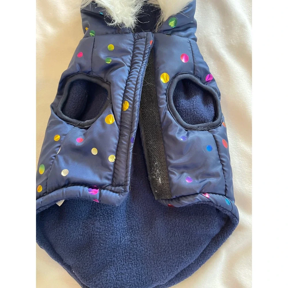 Romeo & Minx Navy Blue Polka Dot Pet Puffer Coat Faux Fur Hood Small NWT